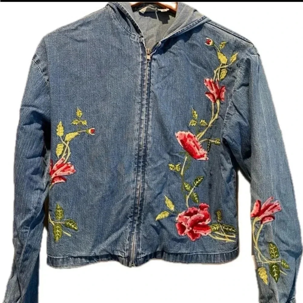 Vintage Newport News Women’s Cotton Zip Denim Jean Hoodie Embroidered‎ Sequin Sm